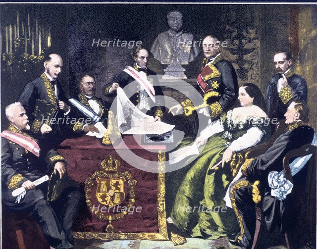 The Council of Ministers headed by Isabella II declares war on Morocco in 1859, engraving.