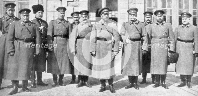 Tsar Nicholas II of Russia and his generals and staff, 1917. Artist: Unknown