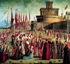 The Pilgrims are met by Pope Cyriacus in front of the Walls of Rome (The Legend of Saint Ursula), 1497. Artist: Carpaccio, Vittore (1460-1526)