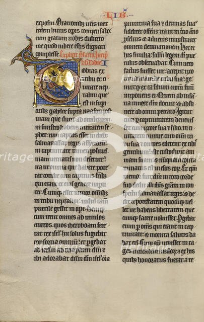 Initial T: The Blinding of Tobit; Marquette Bible, about 1270. Creator: Unknown.