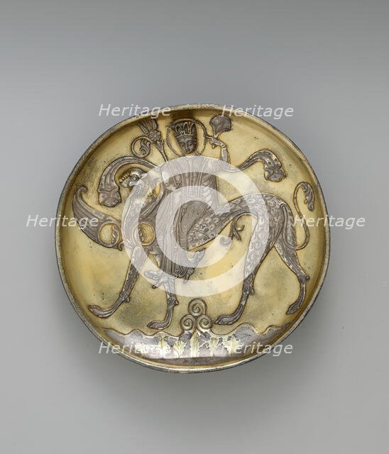 Plate Depicting a Female Figure Riding a Fantastic Winged Beast, Iran, probably 8th century. Creator: Unknown.