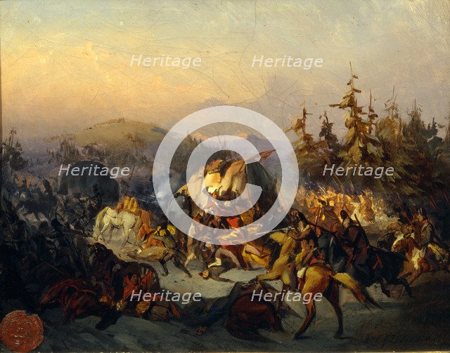 Russian Cossacks attack French troops in transit. Artist: Filippov, Konstantin Nikolayevich (1830-1878)