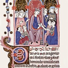 The King Ferran and his court, Miniature in the 'Llibre dels Usatges i Constitucions de Catalunya…