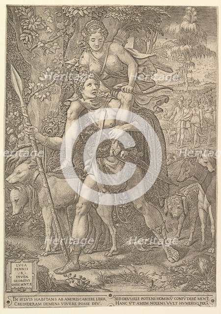 Allegory of the Hunt; a hunter holding a large spear carrying a woman (Diana?) on his shou..., 1556. Creator: Giorgio Ghisi.