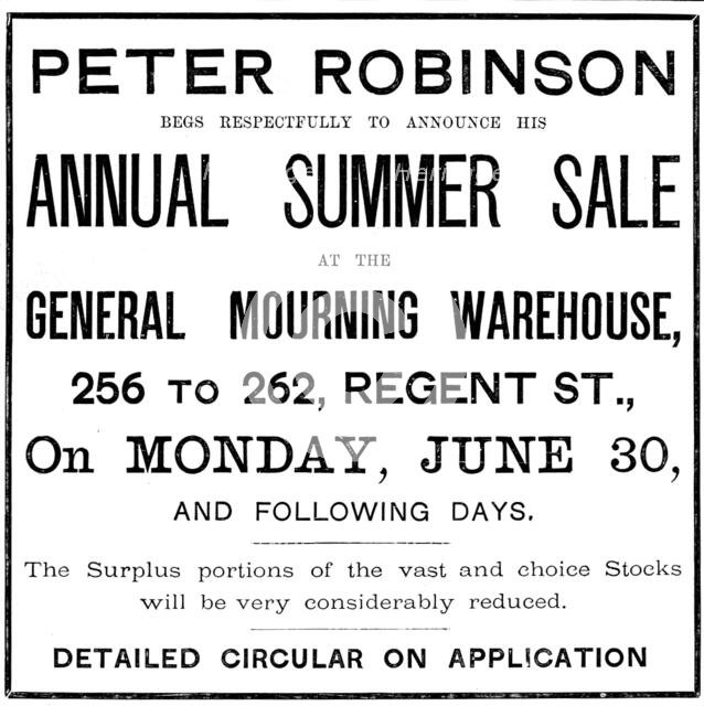 Advertisement for Peter Robinson Annual Summer Sale, 1890. Creator: Unknown.