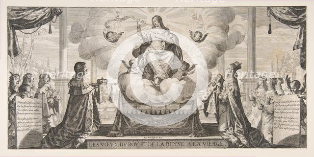 Almanach for 1639: Louis XIII and Anne of Austria Entrusting the Kingdom and the Prince un..., 1639. Creator: Abraham Bosse.