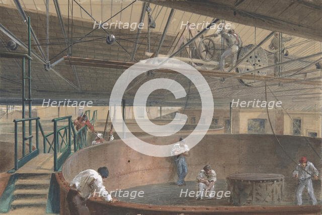 Coiling the Cable in the Large Tanks at the Works of the Telegraph Construction..., 1865, 1865. Creator: Robert Charles Dudley.