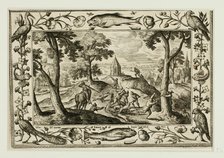 Wolf Hunt, from Landscapes with Old and New Testament Scenes and Hunting Scenes, 1584. Creator: Adriaen Collaert.