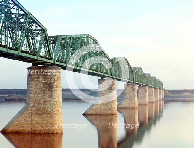 Trans-Siberian Railway metal truss bridge on stone piers, over the Kama River near Perm..., c1910. Creator: Sergey Mikhaylovich Prokudin-Gorsky.