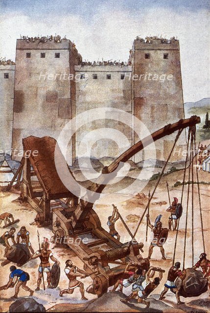 Siege of a city, Roman soldiers carrying a catapult to beat the walls. Creator: IVORI (Joan Vila Pujol, llamado) (1890 - 1947).