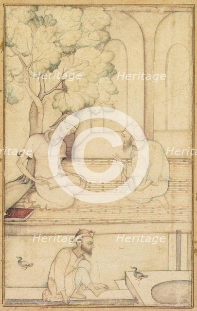 Kabir and Two Followers on a Terrace (recto); Calligraphy (verso), c. 1610-1620. Creator: Unknown.