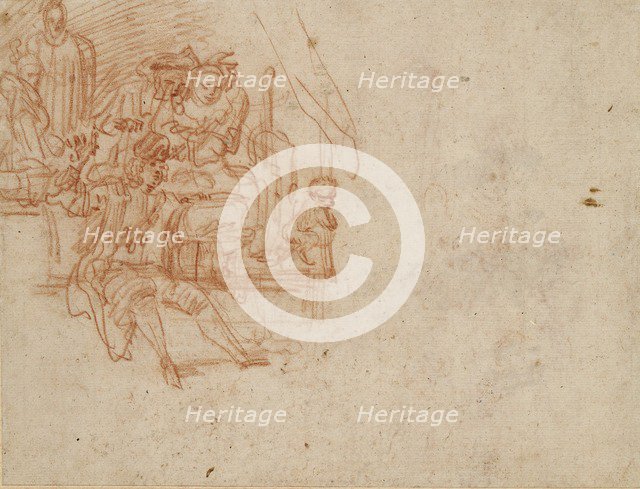 Quack Doctor seated on Stage, selling Wares, with four Figures and a Monkey, c1700-1720.. Artist: Jean-Antoine Watteau.