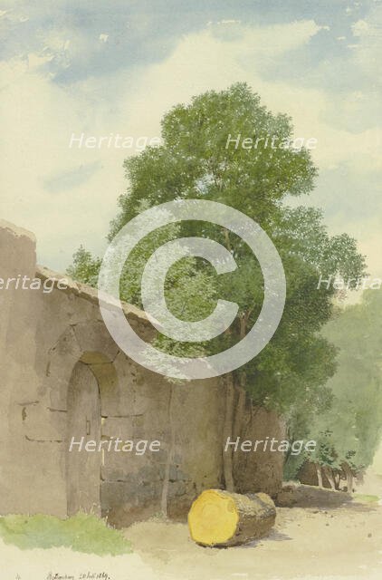 Sawed-off tree trunk in front of a wall at the Rothenburg Wildbad, 1869. Creator: Carl Theodor Reiffenstein.
