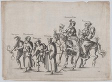 Plate 14: Six figures marching in a procession, two atop horses, a snake at bottom center;..., 1611. Creator: Balthasar Küchler.