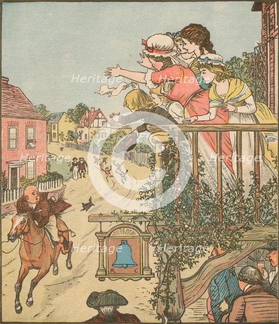 John Gilpin gallops past the Bell Inn as his wife and children wave from the balcony, 1878, (c1918). Creator: Randolph Caldecott.