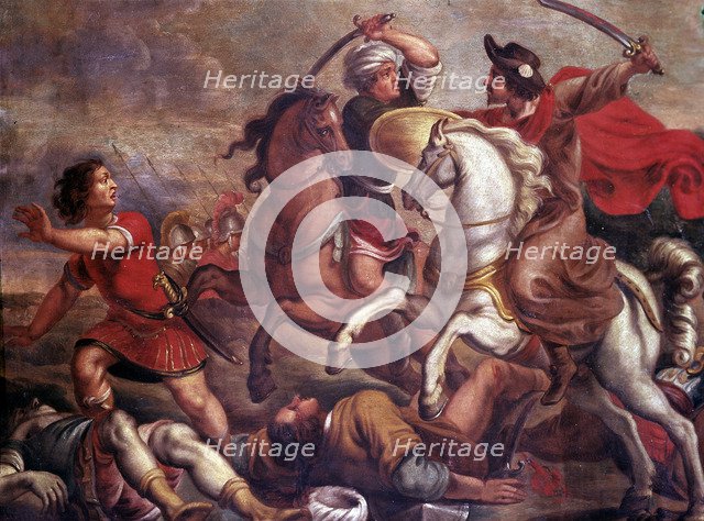 Santiago 'The Elder', disciple of Jesus and one of the 12 Apostles, battle of Clavijo, oil on cop…