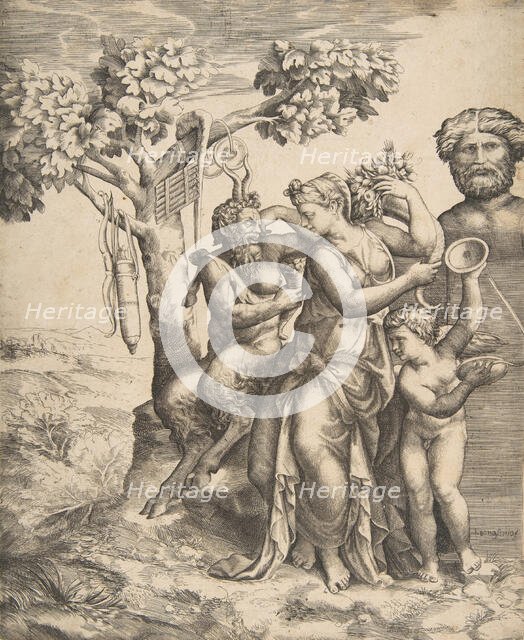 Pan at the left seated next to a standing nymph, to the right Cupid holding cymbals, 1531-76. Creator: Giulio Bonasone.