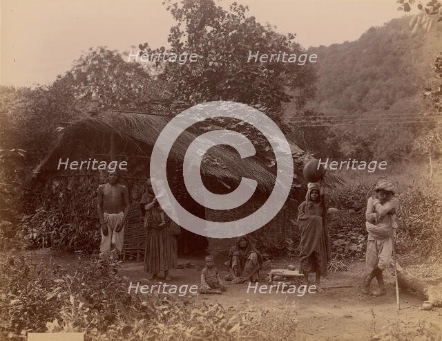 Thatched House, People in Foreground, Telegraph Lines in Background, 1860s-70s. Creator: Unknown.