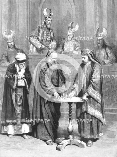 ''The Passion Play at Oberammergau; Judas taking the Thirty Pieces of Silver', 1890. Creator: Unknown.