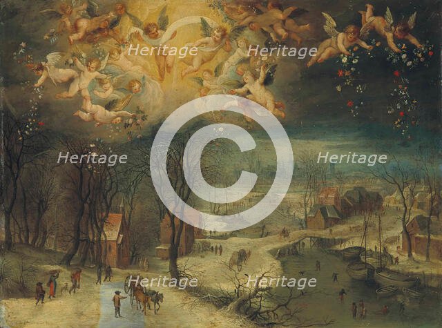 A winter landscape with villagers gathering wood and skaters on a frozen river..., First third of 17 Creator: Brueghel, Jan, the Elder (1568-1625).