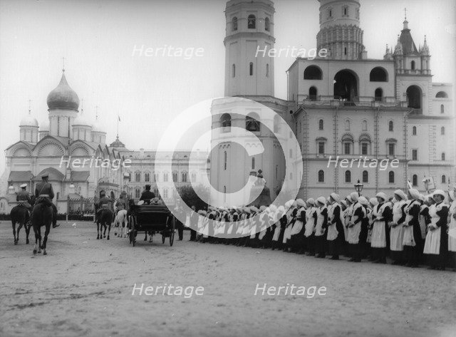 Tsar Nicholas II reviewing the parade of the pupils of Moscow in the Kremlin, Russia, 1912. Artist: K von Hahn