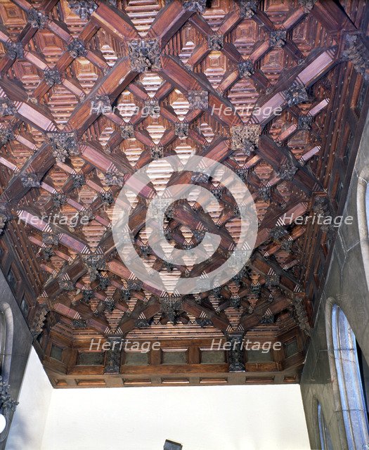 Wood coffered ceiling in one of the upstairs ceilings of the Güell Palace, built between 1886 and…