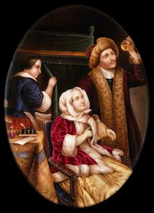 A physician examining a urine flask, 1859. Creator: KEL Hummel.