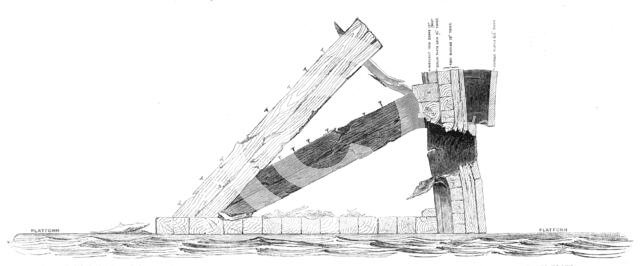 Experiments with the Armstrong 600-pounder against the Warrior floating target, 1864. Creator: Unknown.