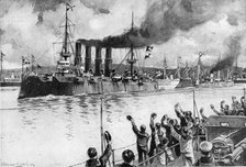 Russian cruiser on its way to the Battle of Chemulpo, Russo-Japanese War, 1904-5. Artist: Unknown