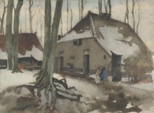 Woman in front of a house in a snowy forest, 1870-1923. Creator: Willem Witsen.