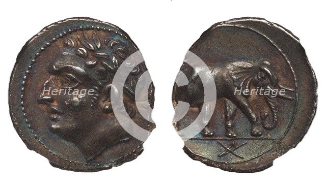 Coin of Hannibal Barca. Carthage. (Obverse: Hannibal, Reverse: Elephant), ca. 213-210 BC.
