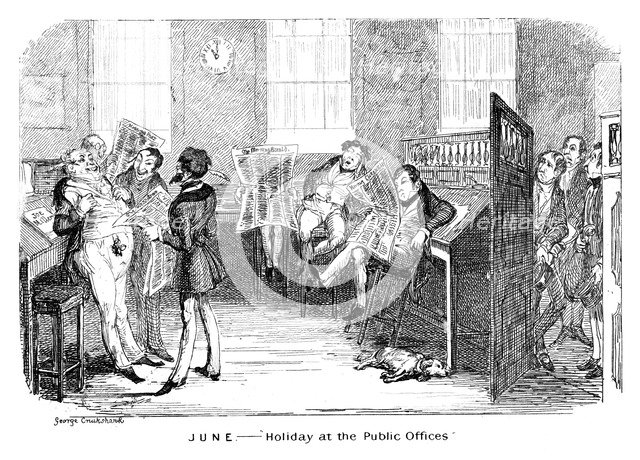 'June - Holiday at the Public Offices', c1836.Artist: George Cruikshank