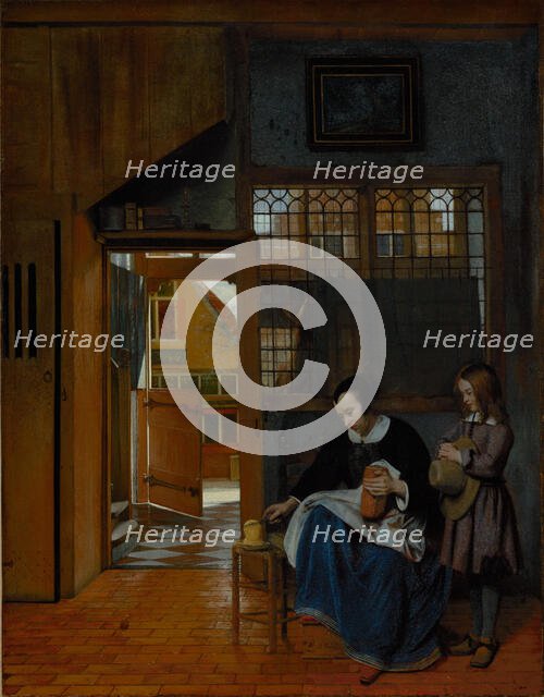 A Woman Preparing Bread and Butter for a Boy, about 1660-1663. Creator: Pieter de Hooch.