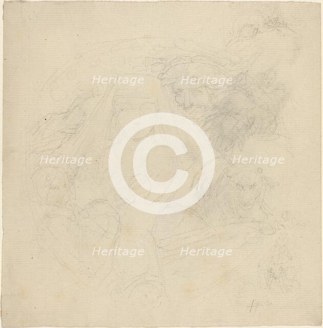 Figure Seen from behind Praying to an Apparition of a Head with Lions Below. Creator: John Flaxman.