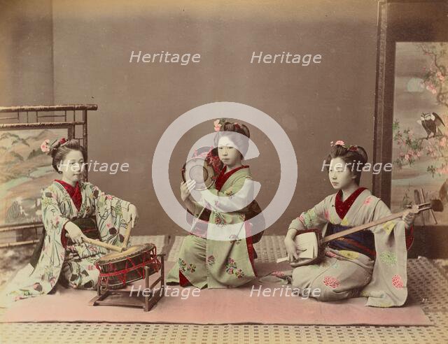 Girls Playing Samisen and Fluya, 1870s-1890s. Creator: Kusakabe Kimbei.