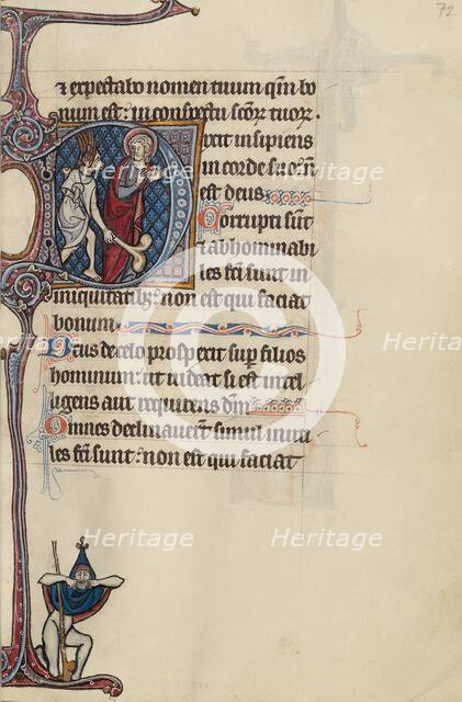 Initial D: The Fool, with a Dog Face and Wearing Winged Headgear, Menacing Christ..., about 1285. Creator: Bute Master.