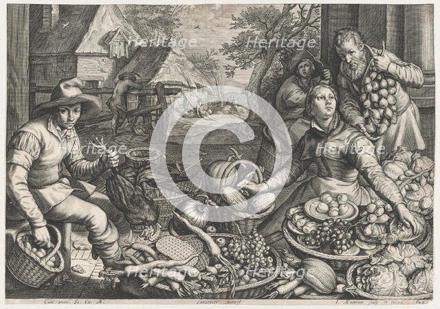Market Scene, the Rest on the Flight into Egypt in the Background, from Kitchen and Market..., 1603. Creator: Jacob Matham.