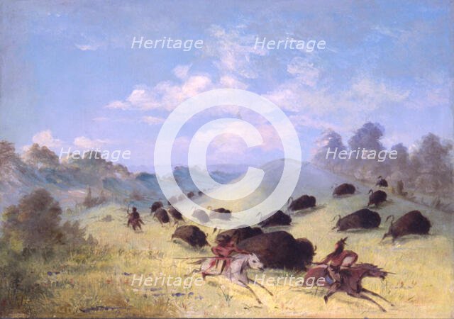 Comanche Indians Chasing Buffalo with Lances and Bows, 1846-1848. Creator: George Catlin.