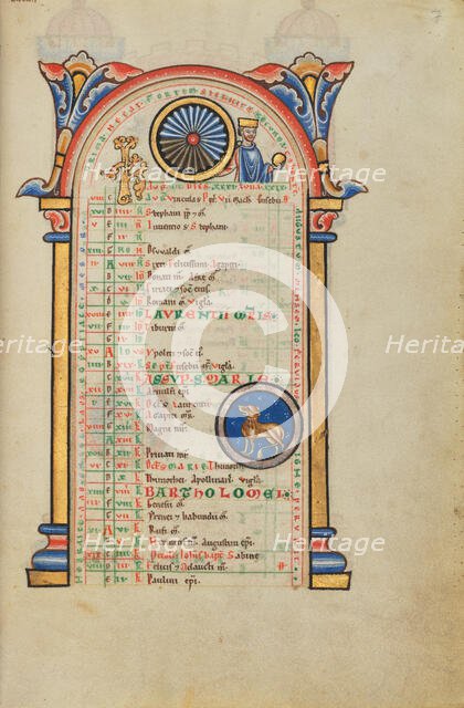 Augustus Caesar; Zodiacal Sign of Leo; Stammheim Missal, probably 1170s. Creator: Unknown.