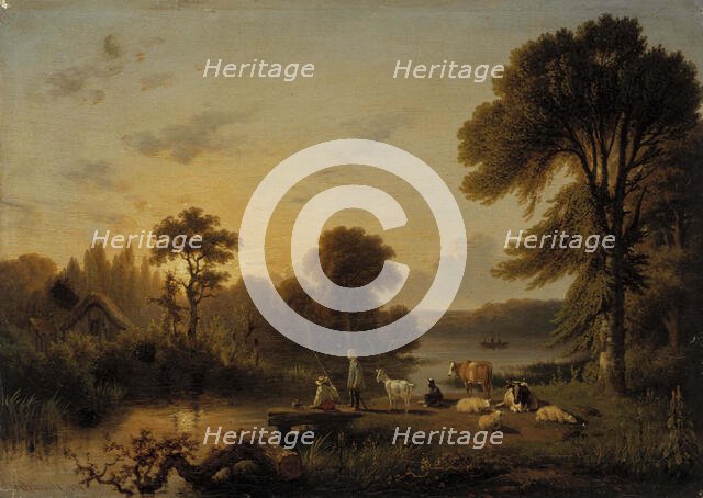 Landscape, Cattle and People, 1839. Creator: Honore Gaspard Delaroche.