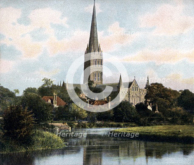 Salisbury Cathedral as seen from the River Avon, Salisbury, Wiltshire, early 20th century. Artist: Unknown