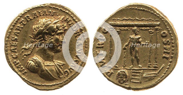Aureus of Hadrian. Obverse: Laurel head of Hadrian on the right. Reverse: Statue of Hercules, 119... Creator: Numismatic, Ancient Coins  .