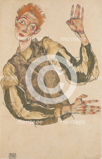 Self-Portrait with Striped Armlets, 1915. Artist: Schiele, Egon (1890–1918)