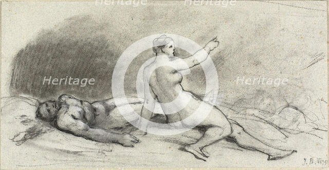 Nude Woman Seated with Nude Man Asleep (recto); Female Torso Seen..., 1875 (recto); c. 1875 (verso). Creator: Jean Beraud.