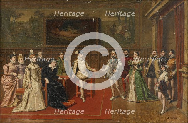 Catherine de 'Medici meets her sons Charles IX and Henry III. Artist: Bakalowicz, Wladyslaw (1831-1904)