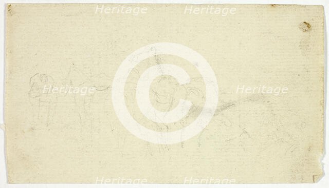 Horses with Groom (recto); Sketches of Peasant with Basket (verso), n.d. (recto); 1789/1843 (verso). Creator: William Henry Pyne.