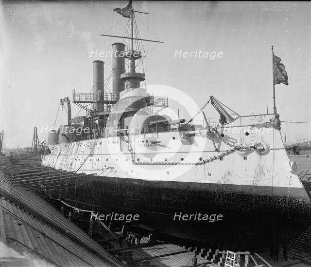 U.S.S. Iowa in dry dock, Brooklyn Navy Yard, between 1897 and 1901. Creator: Unknown.