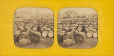 Men rolling a barrel in a field of barrels, 1860s. Creator: E Lamy.