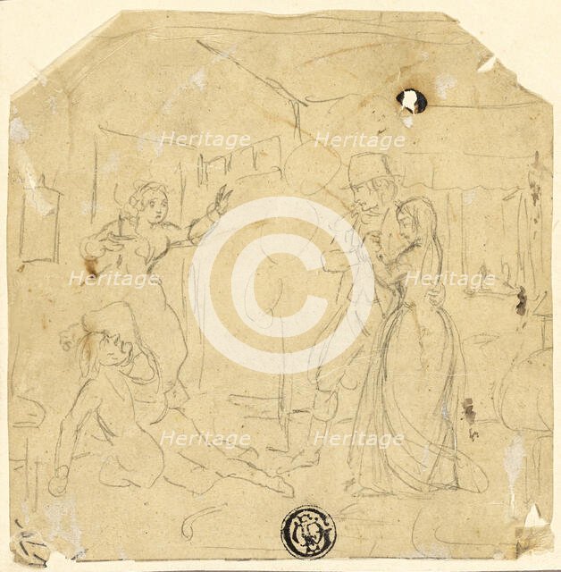 Dramatic Scene with Couple, Older Man, c. 1840. Creator: Joseph Clayton Bentley.