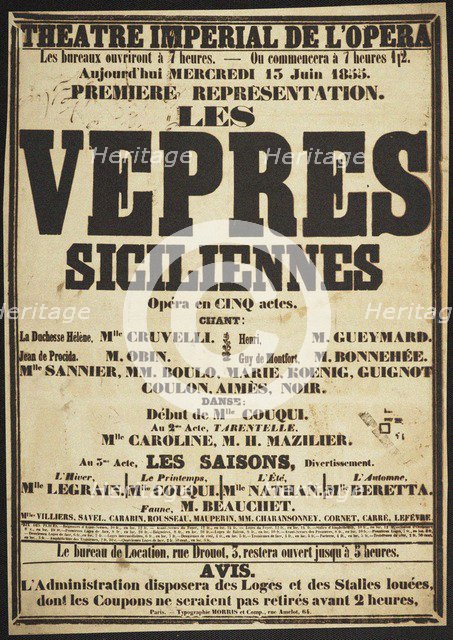 Premiere Poster for the opera Les Vêpres siciliennes by Giuseppe Verdi in Théâtre impérial de l'Opér